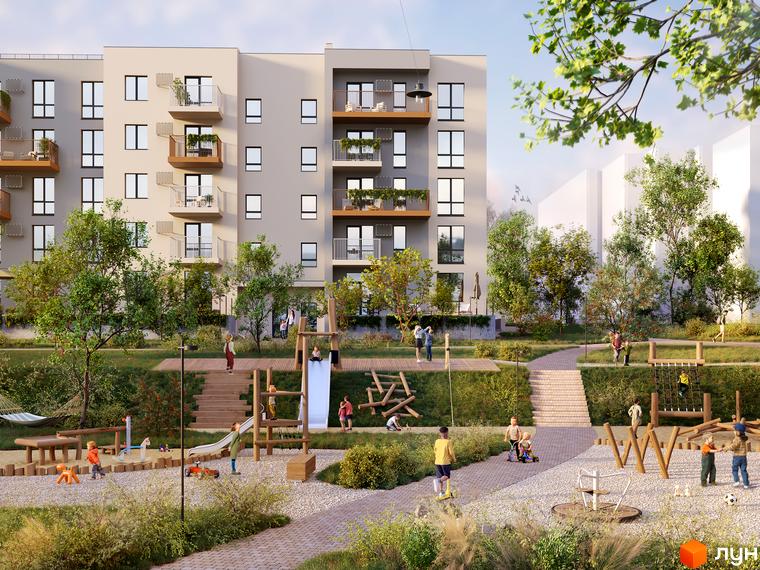 Житловий комплекс Під сонцем: світлий багатоповерховий будинок з балконами та доглянутий двір з ігровими зонами для дітей.