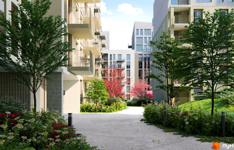 Житловий комплекс Avalon Yard: багатоповерхові будинки світлих відтінків з балконами. Озеленена територія з деревами, кущами, квітниками та доріжками.