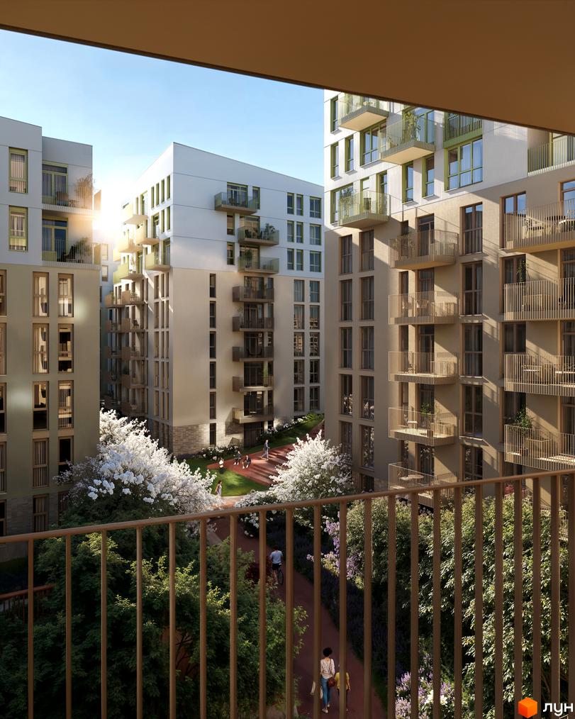 Житловий комплекс Avalon Yard: багатоповерхові будинки світлих відтінків з балконами. Навколо зелені насадження та квітучі дерева.