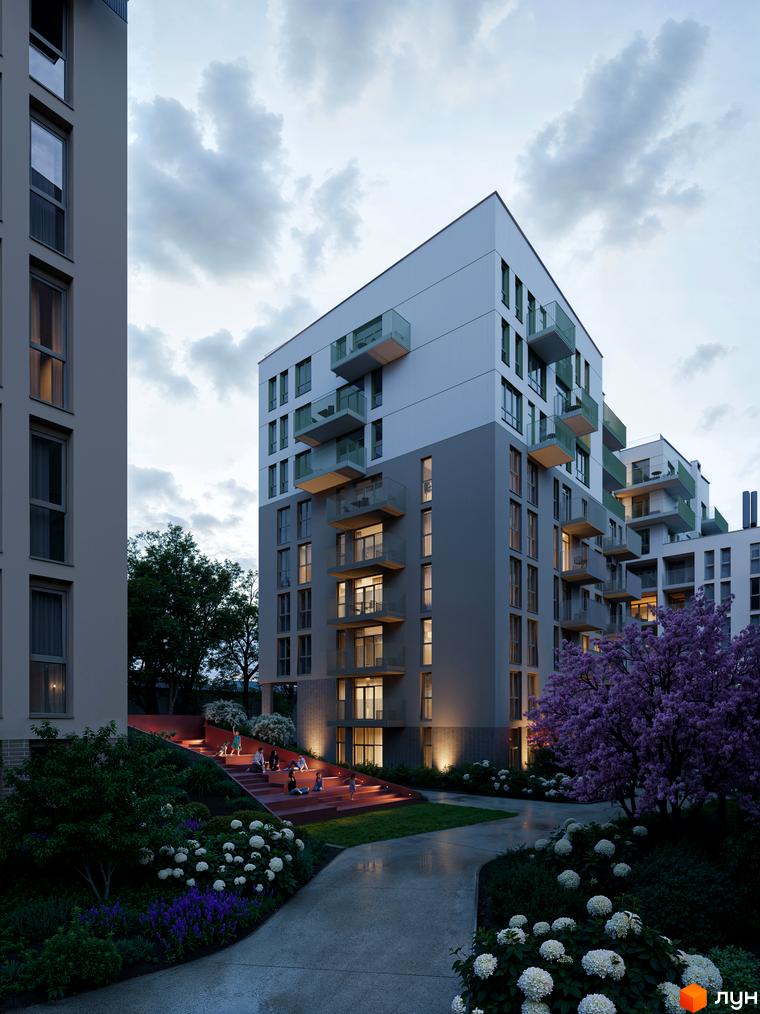 Житловий комплекс Avalon Yard з балконами та терасами, оточений зеленим ландшафтом з квітучими деревами та зонами відпочинку.