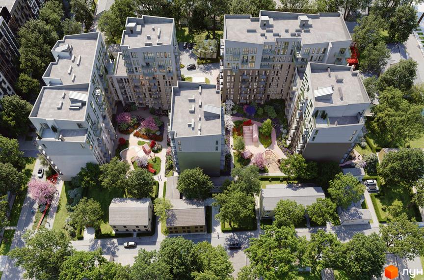 Житловий комплекс Avalon Yard: багатоповерхові будинки світлих відтінків з балконами, оточені зеленими дворами з квітниками та зонами відпочинку.