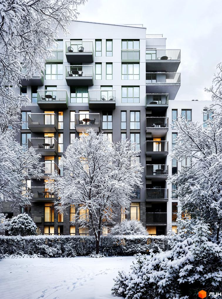 Житловий комплекс Avalon Yard взимку з засніженими деревами та балконами. Новобудова з сучасним дизайном та прибудинковою територією.