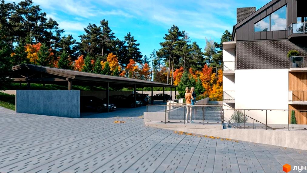 Новобудова ЖК SION з цегляним фасадом та скляними балконами, поруч крита парковка та осінній парк.