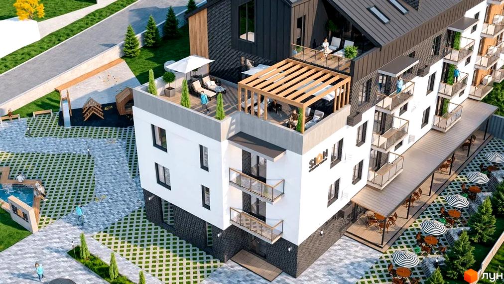 Житловий комплекс SION з біло-сірими фасадами, балконами та терасою на даху. Прибудинкова територія має дитячий майданчик, зелені зони та літнє кафе.