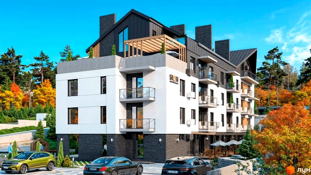 Житловий комплекс SION - це багатоповерхова новобудова з балконами та панорамними вікнами, розташована серед дерев. На прибудинковій території видно автомобілі та зелені насадження.