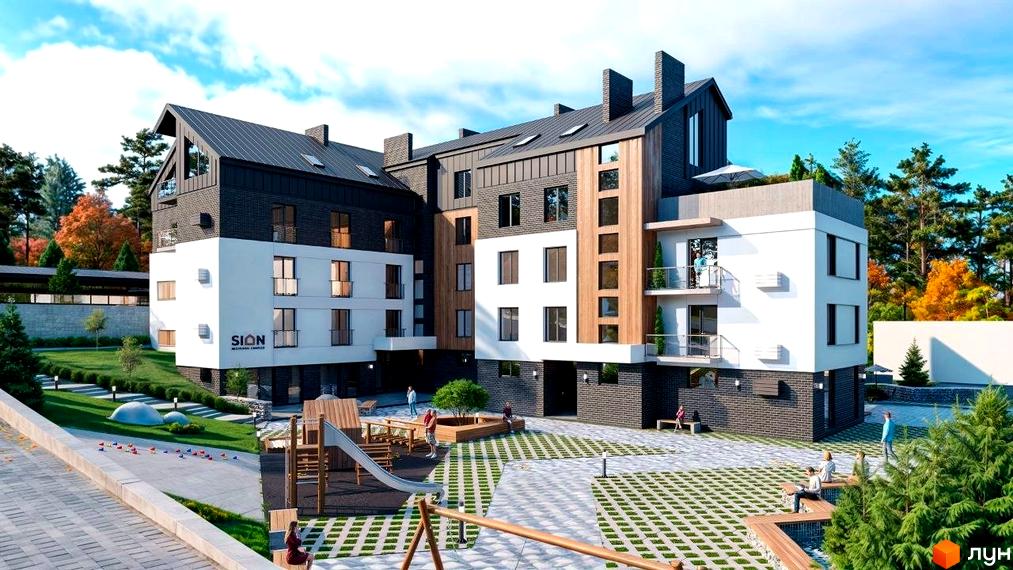 Новобудова ЖК SION з біло-чорним фасадом та дерев'яними елементами, з дитячим майданчиком та зеленим подвір'ям.