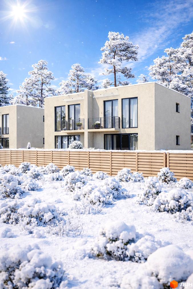 Дуплекси на Гамалія: двоповерхові будинки з великими вікнами та балконами, оточені засніженими деревами та кущами, огороджені дерев'яним парканом.