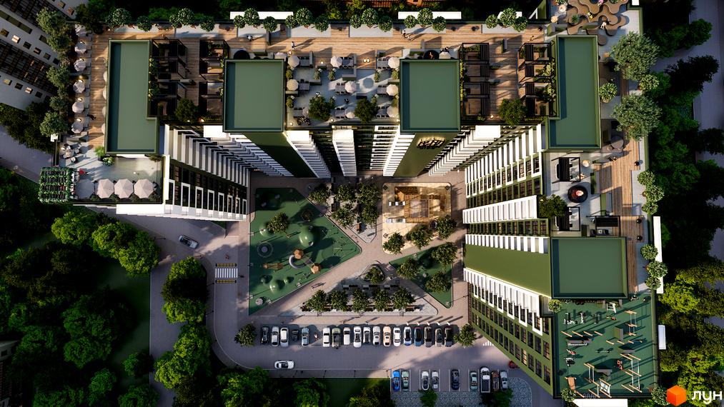 Житловий комплекс Green Side з зеленими фасадами та дахами, внутрішнім двором з дитячим майданчиком, зонами відпочинку та спортивним майданчиком.