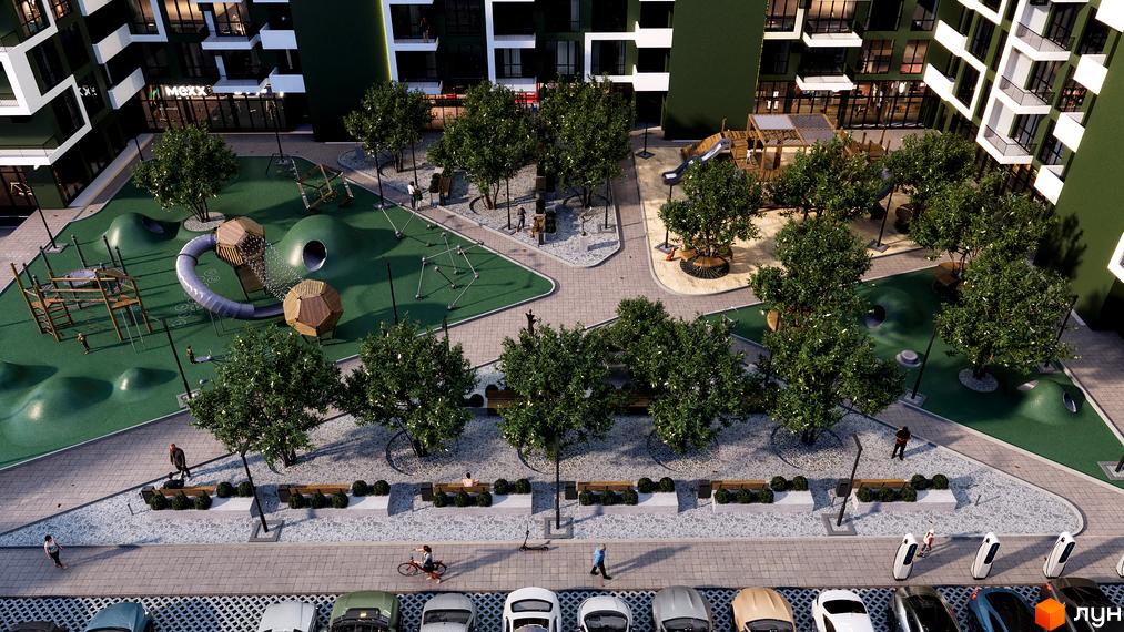 Житловий комплекс Green Side з зеленими фасадами та балконами, що виходить на доглянутий двір з дитячим майданчиком, деревами та зонами відпочинку.