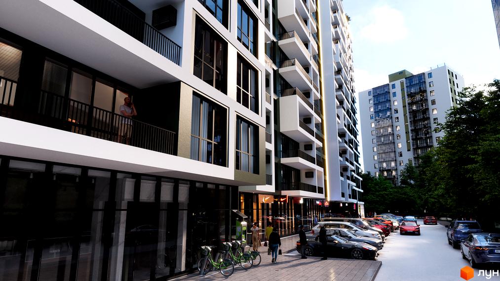 Житловий комплекс Green Side з сучасними балконами та парковкою. Навколо комплексу зелені насадження та дерева.