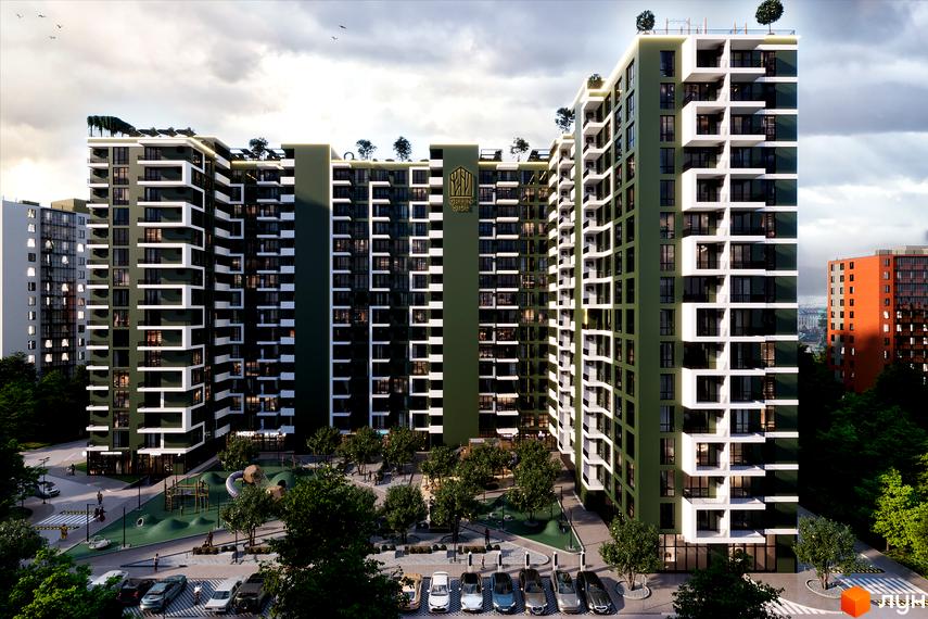 Новобудова ЖК Green Side з фасадами темного кольору та білими елементами, що має багато балконів. Поруч розташований дитячий майданчик та парковка.