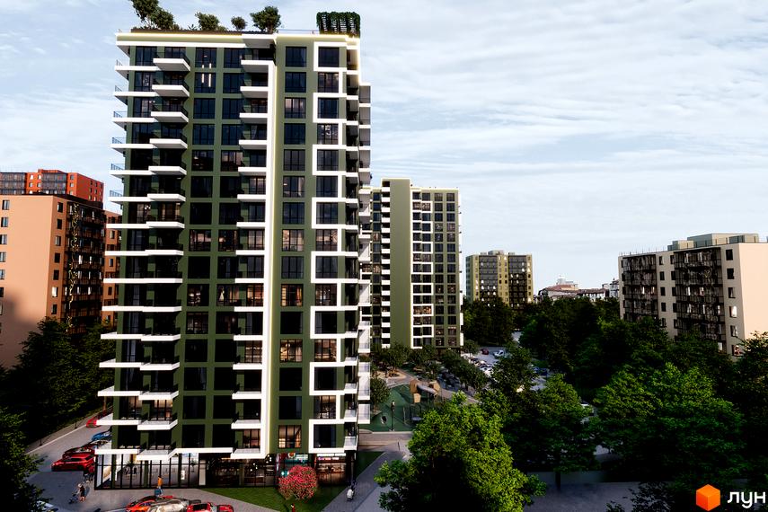 Новобудова Green Side з темно-зеленими фасадами та білими балконами, оточена деревами та дитячим майданчиком.