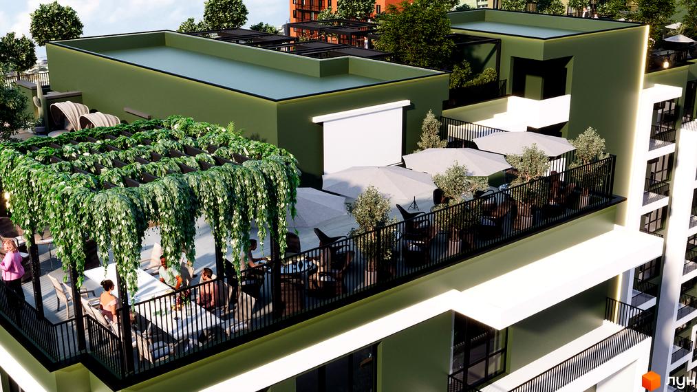 Зовнішній вигляд комплексу Green Side з терасою, озелененням та місцями для відпочинку. На терасі розташовані столики, парасольки та зелені насадження.