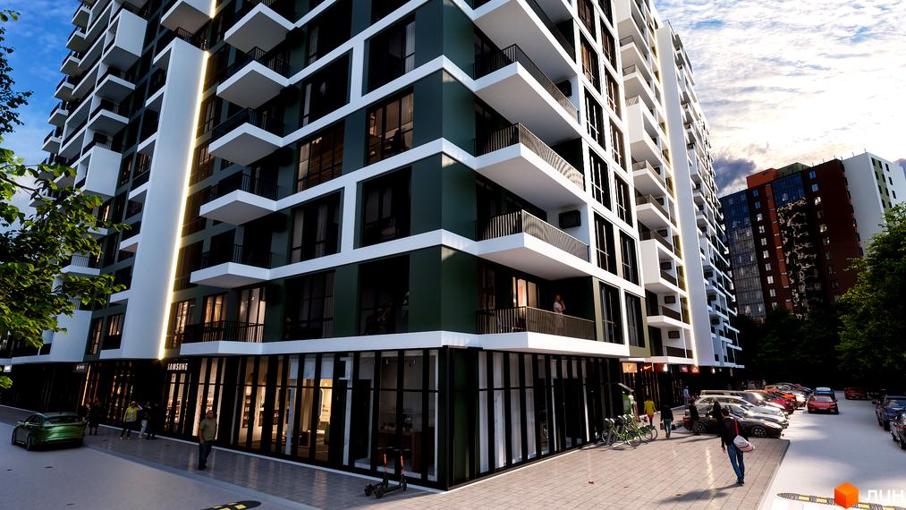 Новобудова ЖК Green Side з балконами та вікнами, прибудинкова територія з парковкою та пішохідною зоною.