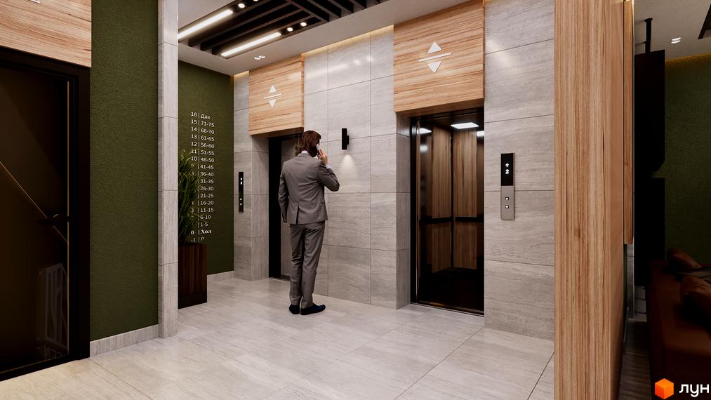 Сучасний хол з ліфтами в новобудові ЖК Green Side. Зовнішній вигляд будинку та прибудинкова територія.