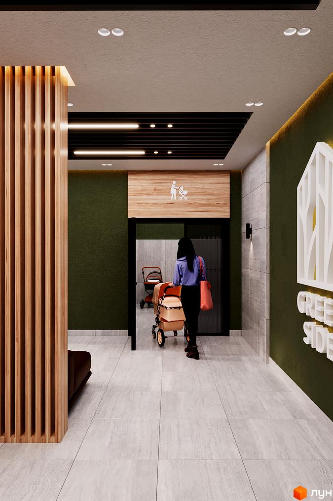 Новобудова Green Side: вхідна група з дерев'яними елементами та дитячим куточком. Сучасний дизайн інтер'єру.