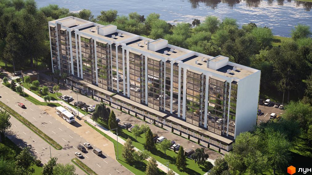 Новобудова Dobrobud 2.0 з панорамними вікнами та зеленою прибудинковою територією біля річки. Поруч дорога з автобусною зупинкою та парковкою.