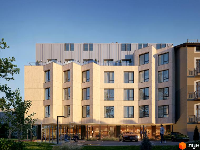 Житловий комплекс Premium Residents з фасадом з піщанику та скляними балконами. Навколо будинку зелена зона з деревами та місцем для відпочинку.