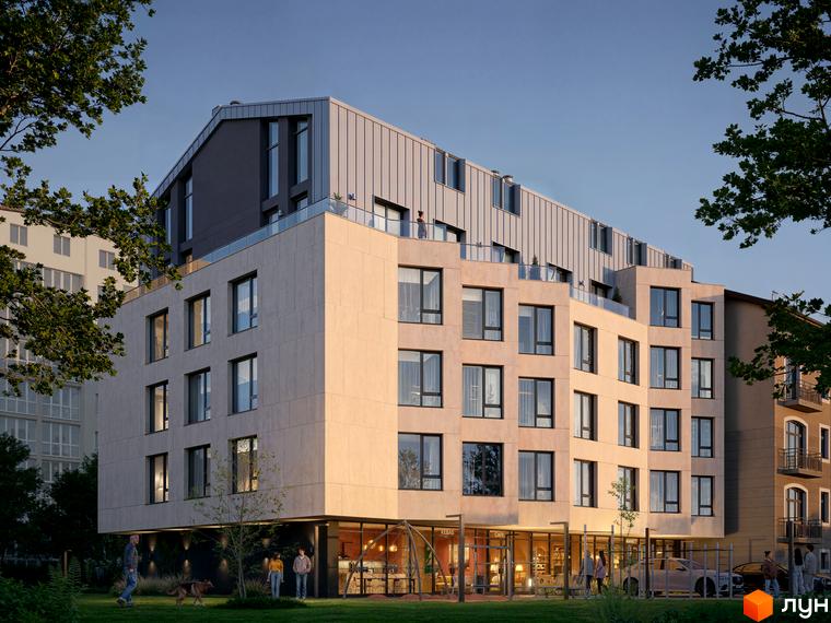 Житловий комплекс Premium Residents з фасадом з світлої плитки та панорамними вікнами, оточений зеленою зоною з деревами та людьми.