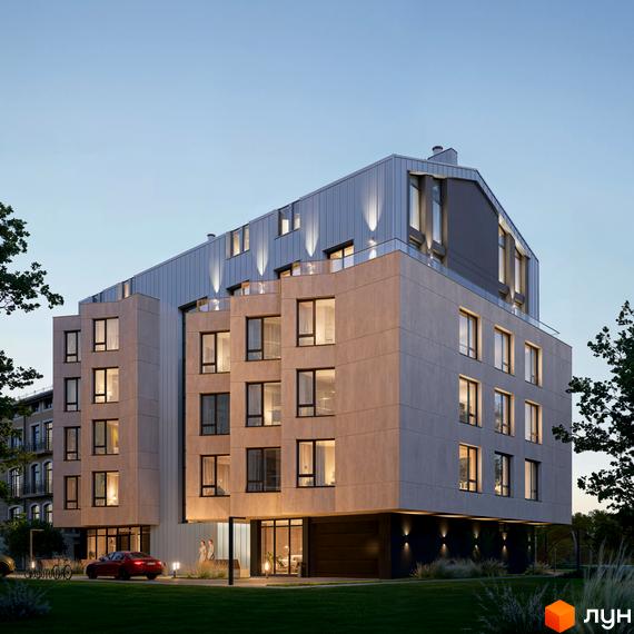 Будинок житлового комплексу Premium Residents з фасадом з піщаних панелей та металевим дахом, освітленим зверху. На прибудинковій території зелений газон та червоний автомобіль.