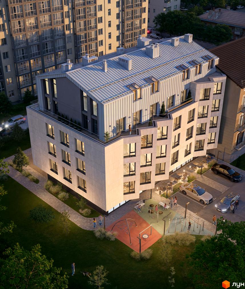 Житловий комплекс Premium Residents з білим фасадом та сірим дахом, поруч дитячий майданчик та парковка.