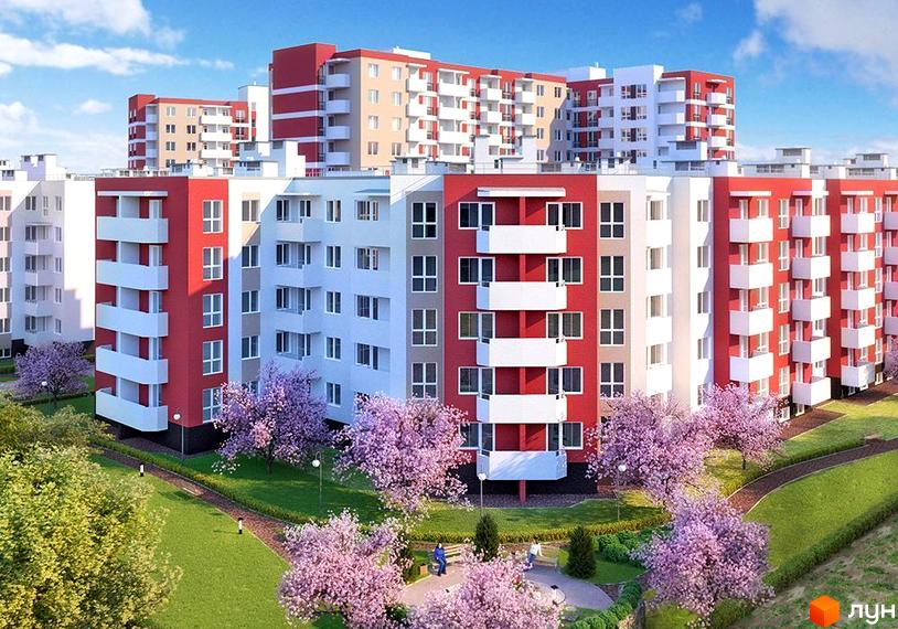 Житловий комплекс Сакура з багатоповерховими будинками червоно-білого кольору. Навколо зелені газони та алеї з квітучими деревами.