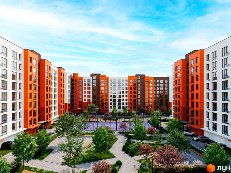 Новобудова ЖК Перлина Проскурова-5 з яскравими фасадами та доглянутою прибудинковою територією з деревами та зонами відпочинку.