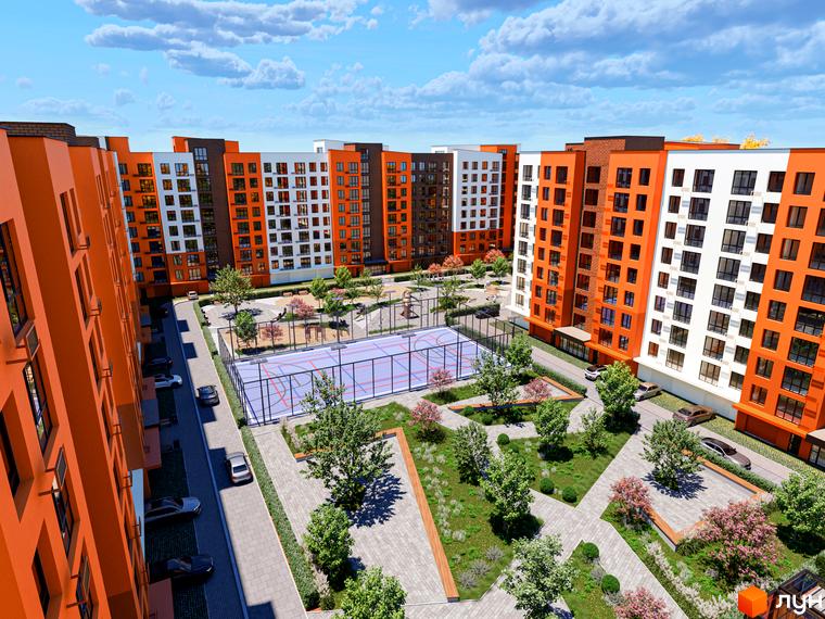 Житловий комплекс Перлина Проскурова-5 з яскравими фасадами та спортивним майданчиком. Зелена прибудинкова територія з деревами та зонами відпочинку.