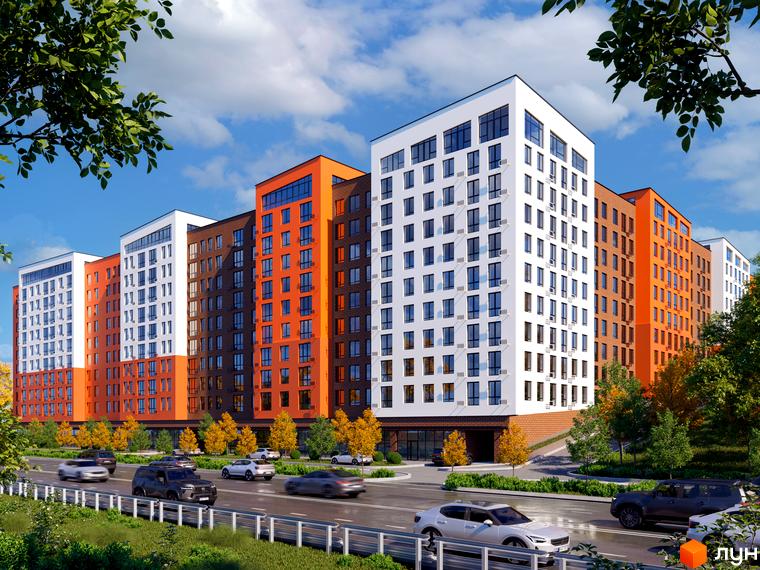 Житловий комплекс Перлина Проскурова-5: багатоповерхові будинки з яскравими фасадами, біля дороги з автомобілями та зеленими деревами.