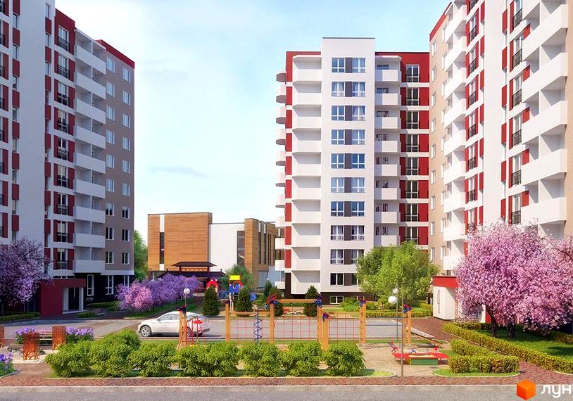 Житловий комплекс Сакура: високі будинки біло-червоного кольору з балконами. Прибудинкова територія з дитячим майданчиком, зеленими насадженнями та сакурами.
