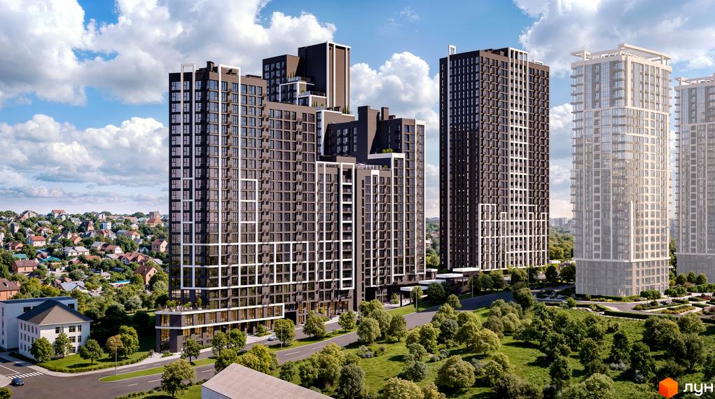 Зовнішній вигляд житлового комплексу Nordica Residence з високими темними та світлими будівлями, що оточені зеленою прибудинковою територією та сусідніми будинками.