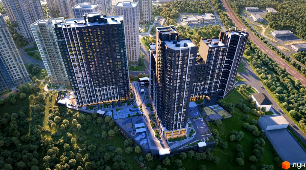 Nordica Residence - комплекс з висотними будинками темного кольору та прибудинковою територією з деревами та дитячими майданчиками.