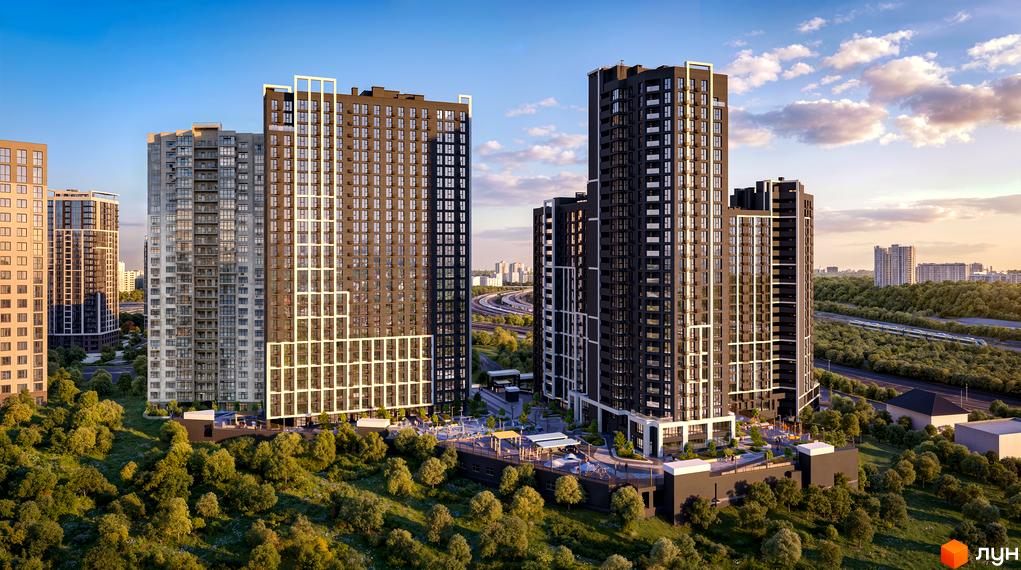 Зовнішній вигляд житлового комплексу Nordica Residence з високими будівлями та прибудинковою територією з дитячим майданчиком.