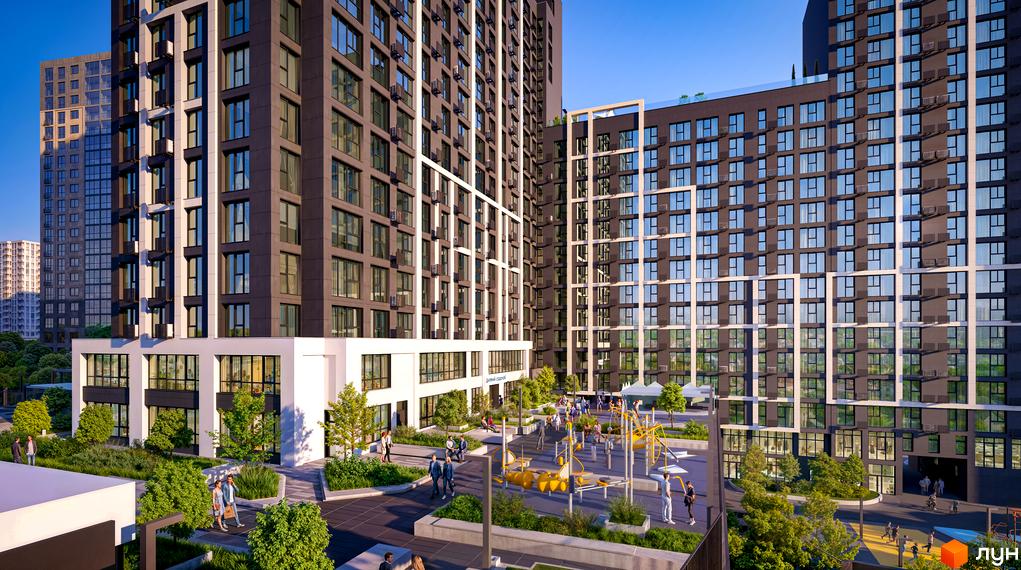 Новобудова Nordica Residence з великою кількістю вікон та балконів, поруч розташований дитячий майданчик та зелена зона для відпочинку.
