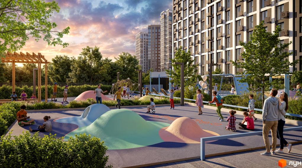 Житловий комплекс Nordica Residence: багатоповерхові будинки зі світлим фасадом та великий дитячий майданчик з ігровими зонами.