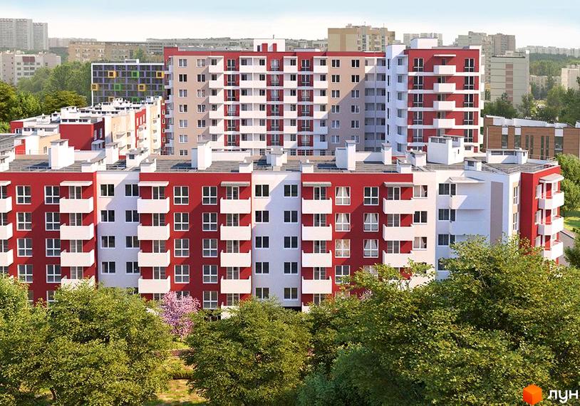 Житловий комплекс Сакура: багатоповерховий будинок з червоно-білими фасадами та балконами, оточений зеленими деревами.