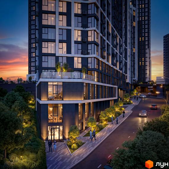 Житловий комплекс Nordica Residence: будинок з темними та світлими фасадами, великими вікнами. Освітлена прибудинкова територія з деревами та пішохідними доріжками.