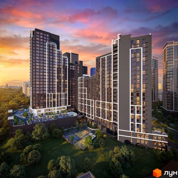 Житловий комплекс Nordica Residence: високі будинки з темними фасадами та світлими акцентами. На території є дитячий майданчик та зелені насадження.