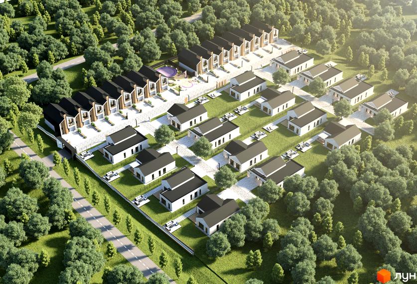 Котеджне містечко KOLO 32: аерофотознімок забудови з рядами котеджів та таунхаусів, зеленими насадженнями та дитячим майданчиком.