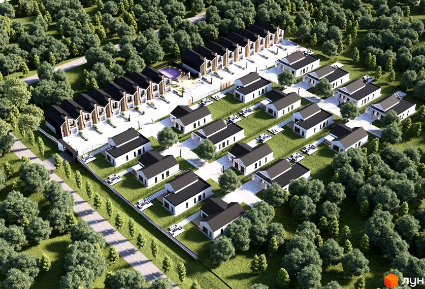 Котеджне містечко KOLO 32: вид зверху на забудову з білими будинками, чорними дахами, зеленими газонами та дитячим майданчиком.