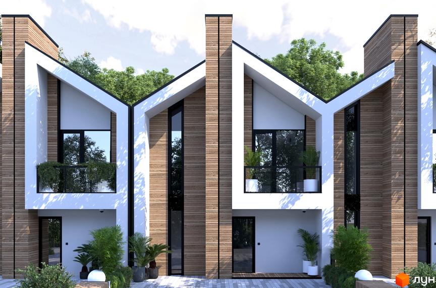 Котеджне містечко KOLO 32. Будинки з білими архітектурними рамами, дерев'яним облицюванням, панорамними вікнами та доглянутою прибудинковою ділянкою.