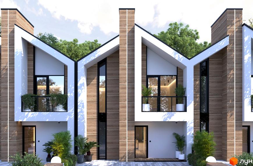 Котеджне містечко KOLO 32: Ряд будинків з білими фасадами, дерев'яним облицюванням та гострими дахами. Перед будинками облаштована територія з рослинами.