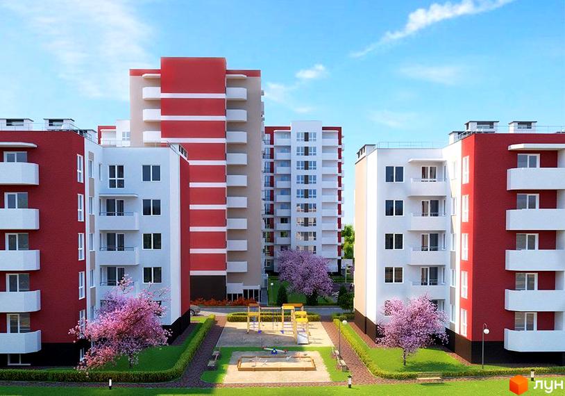 Житловий комплекс Сакура: багатоповерхові будинки з червоно-білими фасадами та балконами. На території зелені газони, квітучі дерева та дитячий майданчик.