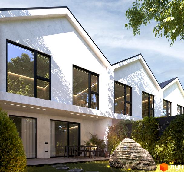 Котеджне містечко KOLO 32: білі двоповерхові будинки з великими вікнами та зеленою прибудинковою територією. На подвір'ї - великий камінь та дерева.