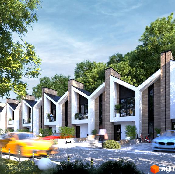 Котеджне містечко KOLO 32: ряд будинків з білими кутовими фасадами, дерев'яними елементами та великими вікнами. На передньому плані вулиця з деревами та рухом.