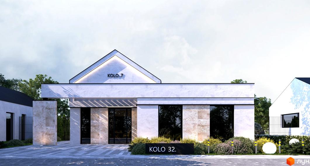 Котеджне містечко KOLO 32: білий будинок з трикутним дахом, темними вікнами, кам'яними вставками. Прибудинкова територія з бруківкою та зеленню.