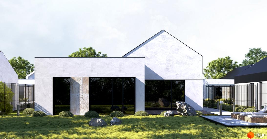 Котеджне містечко KOLO 32: Білий будинок з темними вікнами та гострим дахом. Навколо зелений газон, камені та зона відпочинку.