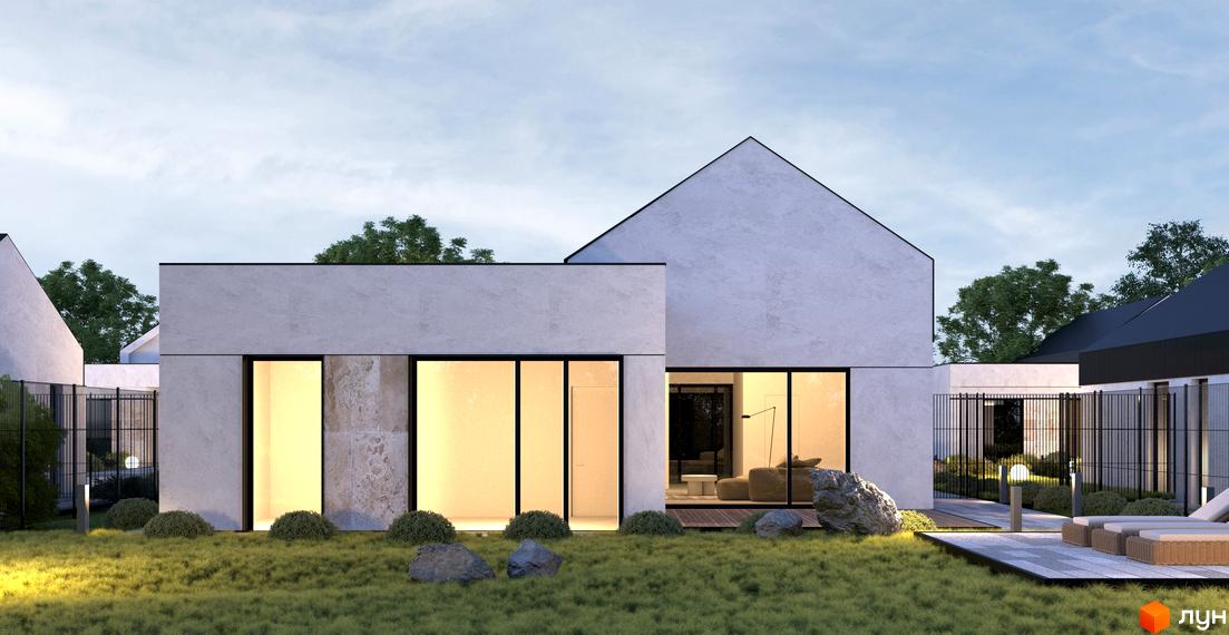 Будинок Котеджного містечка KOLO 32 зі світлим фасадом, великими вікнами. На території доглянутий газон, камені та освітлення.