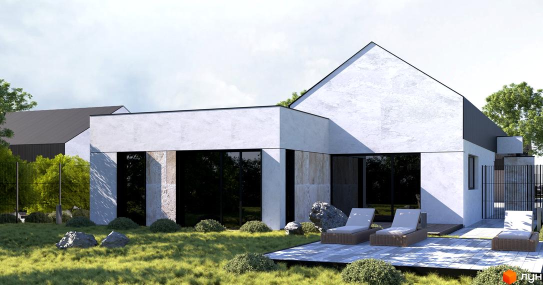 Котеджне містечко KOLO 32: будинок з білими стінами, темним дахом, великими вікнами та кам'яними елементами. Прибудинкова територія з газоном, терасою та лежаками.