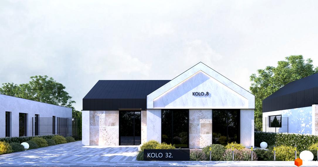 Котеджне містечко KOLO 32: будинок зі світлим фасадом, чорним дахом та кам'яним облицюванням. Перед будинком доріжка та доглянуті зелені насадження.